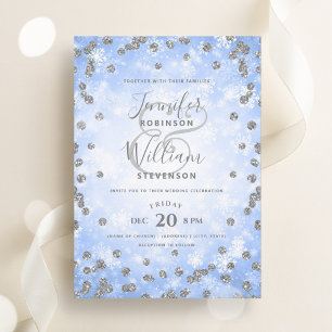Festive Silver Blue Glitter Winter Wedding Invitation
