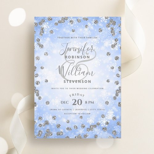 Festive Silver Blue Glitter Winter Wedding  Invitation