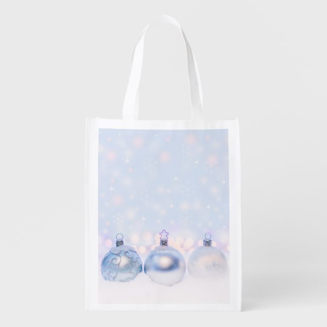 Festive Silver Christmas Balls on Snow Grocery Bag (Front)