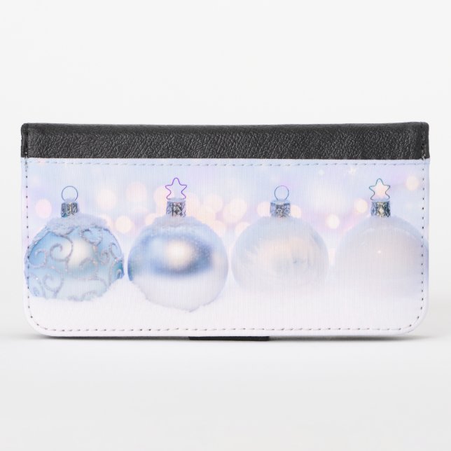 Festive Silver Christmas Balls on Snow iPhone Wallet Case (Front (Horizontal))