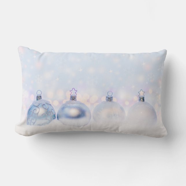 Festive Silver Christmas Balls on Snow Lumbar Pillow (Front)
