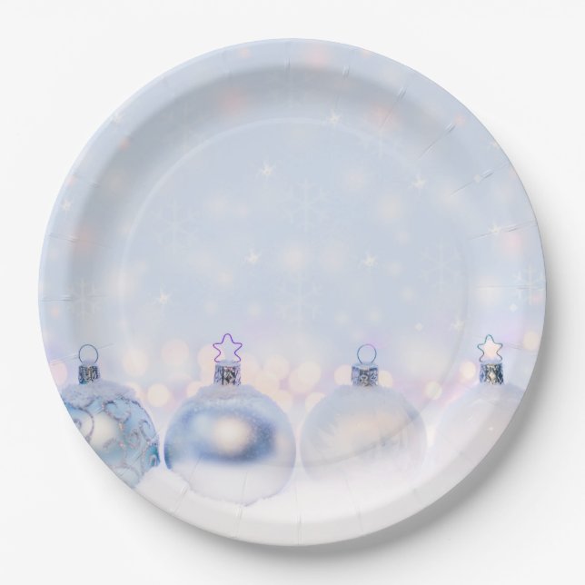 Festive Silver Christmas Balls on Snow Paper Plates (Front)