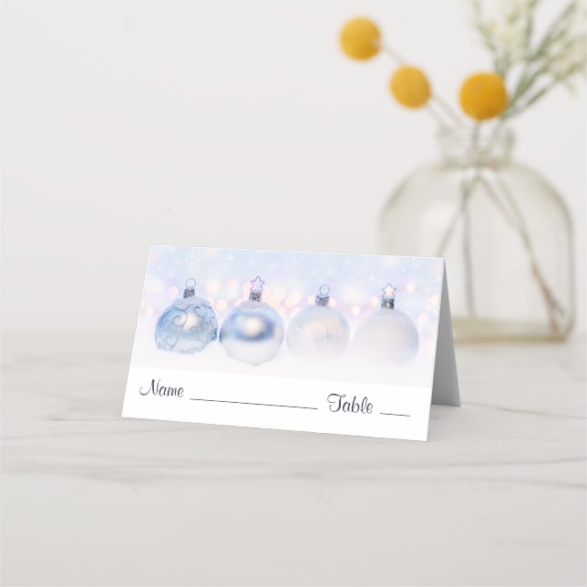 Festive Silver Christmas Balls on Snow Place Card (Front)