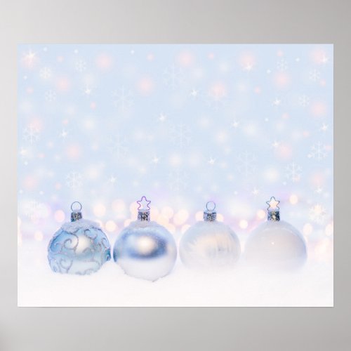 Festive Silver Christmas Balls on Snow Poster