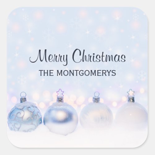 Festive Silver Christmas Balls on Snow Square Sticker