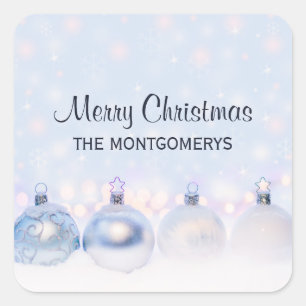 Festive Silver Christmas Balls on Snow Square Sticker