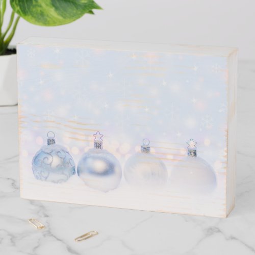 Festive Silver Christmas Balls on Snow Wooden Box Sign