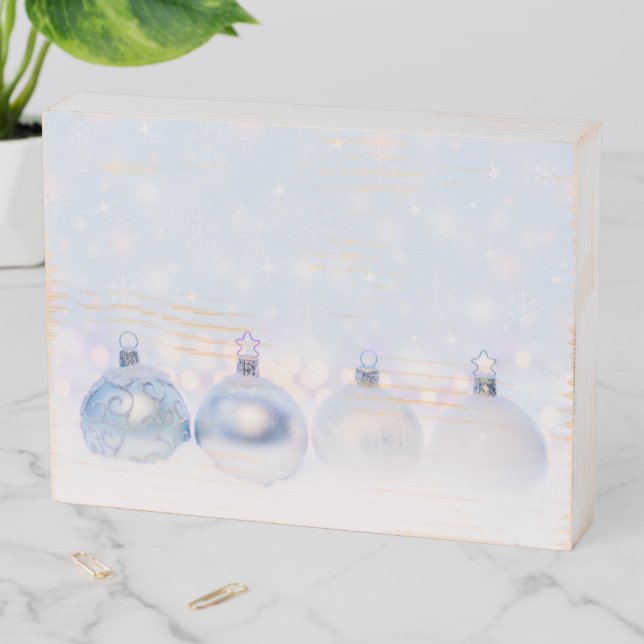 Festive Silver Christmas Balls on Snow Wooden Box Sign (In Situ Horizontal)