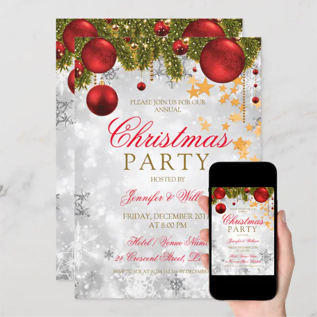 Festive Silver Christmas Holiday Party Invitation | Zazzle