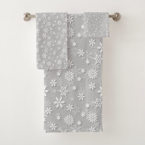 Festive Silver Grey and White Christmas Snow Bath Towel Set