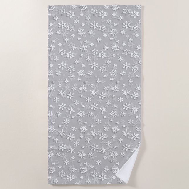 Festive Silver Grey and White Christmas Snow Beach Towel (Front)