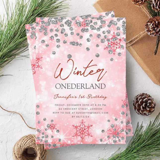 Festive Silver Red Winter ONEDERLAND 1st Birthday Invitation (Festive Silver Red Winter ONEDERLAND 1st Birthday Invitation)