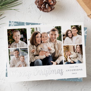 Festive Silver Script 5 Photo Collage Foil Holiday Card