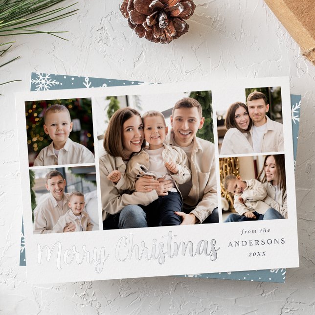 Festive Silver Script 5 Photo Collage Foil Holiday Card (Creator Uploaded)