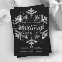 Festive Silver Winter Snowflake Christmas Black Invitation