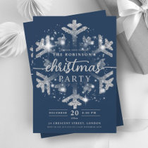 Festive Silver Winter Snowflake Christmas Navy Invitation