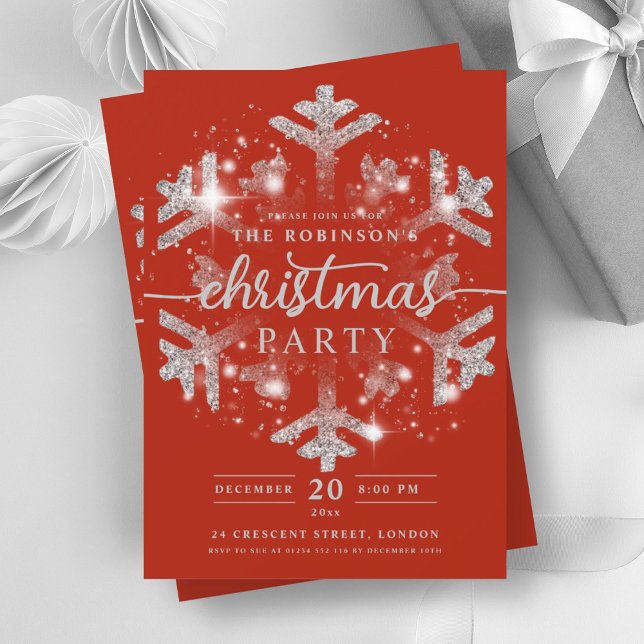 Festive Silver Winter Snowflake Christmas Red Invitation (Festive Silver Winter Snowflake Christmas Red Invitation)