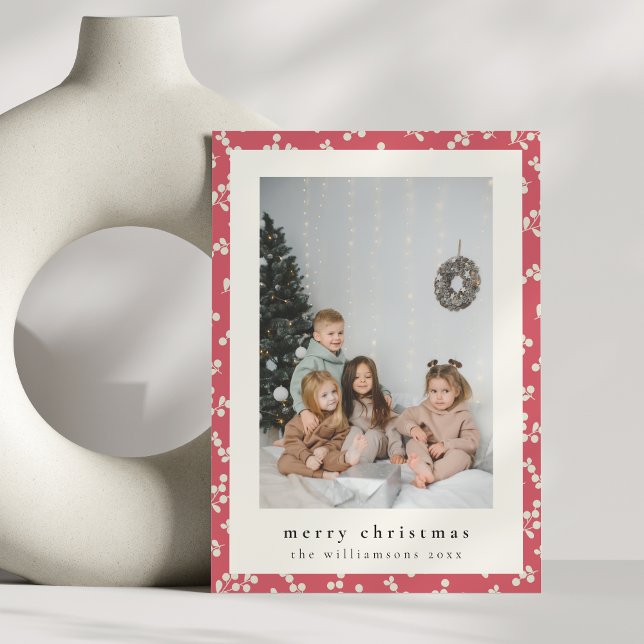 Festive Simple Red Floral Vertical Photo Christmas Holiday Card (Creator Uploaded)