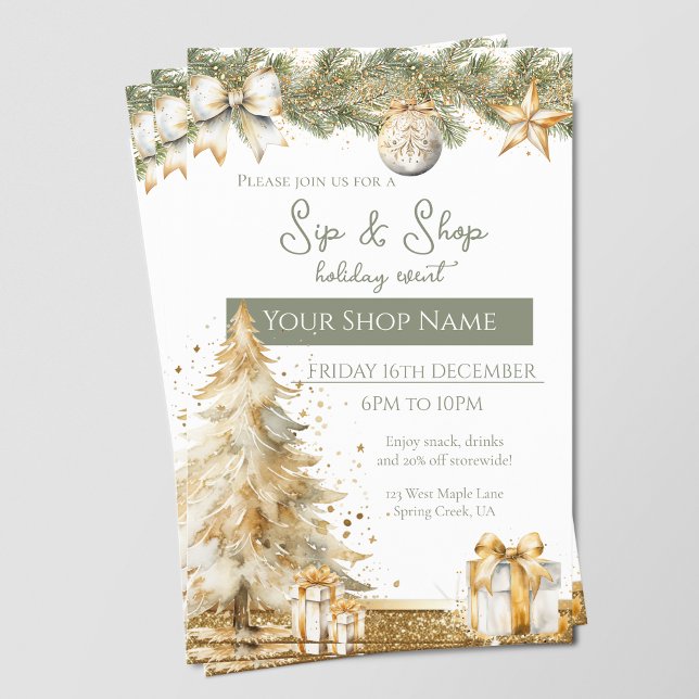 Festive Sip & Shop Holiday Event elegant marketing Flyer (Creator Uploaded)