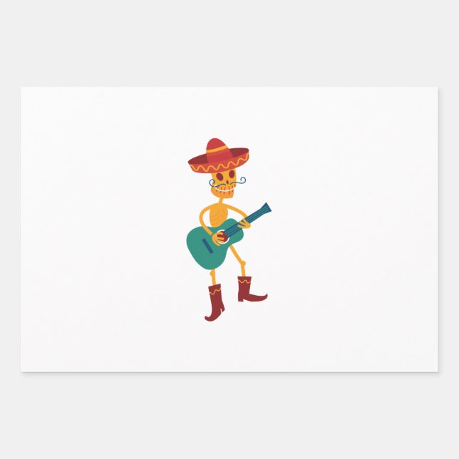Festive Skeleton Guitar Player Wrapping Paper Sheets (Front)