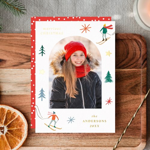 Festive Skiers Photo Foil Holiday Card