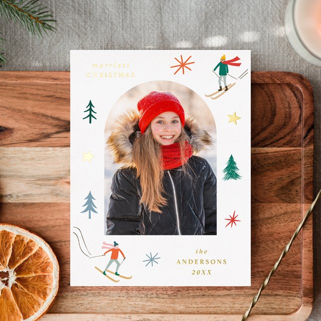 Festive Skiers Photo Gold Foil Holiday Postcard (Creator Uploaded)