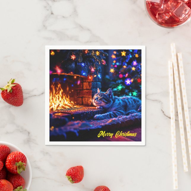 Festive sleeping cat colorful pet lover art napkins (Insitu)
