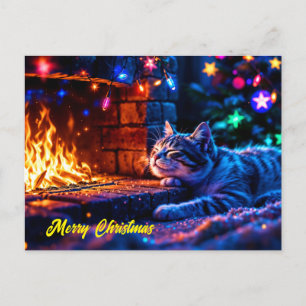 Festive sleeping cat colorful pet lover art postcard