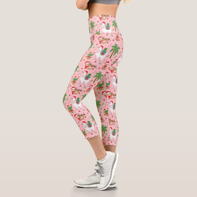 Festive Sloths and Llamas Holiday Pattern Capri Leggings (Left)