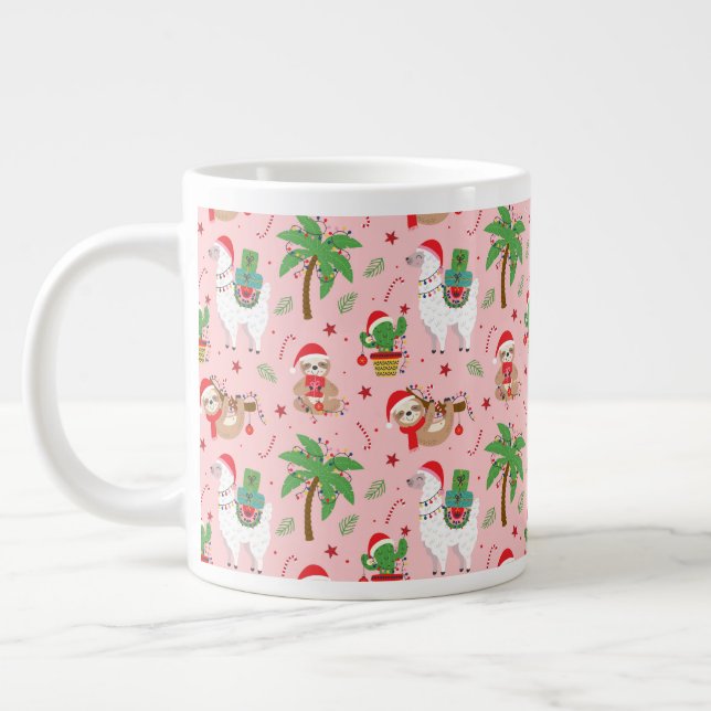 Festive Sloths and Llamas Holiday Pattern Giant Coffee Mug (Left)