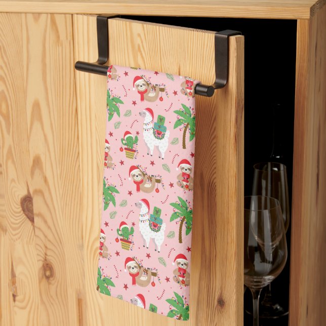 Festive Sloths and Llamas Holiday Pattern Kitchen Towel (Thirds Fold)