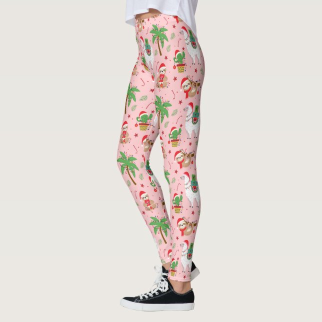 Festive Sloths and Llamas Holiday Pattern Leggings (Left)