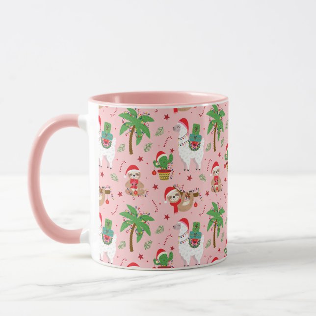 Festive Sloths and Llamas Holiday Pattern Mug (Left)