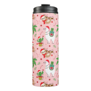 Festive Sloths and Llamas Holiday Pattern Thermal Tumbler