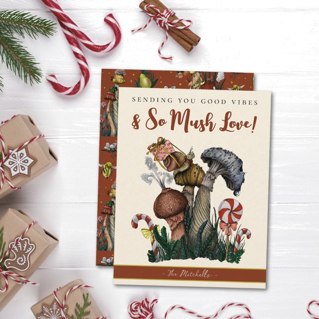 Festive Snail on Mushrooms Good Vibes Christmas Ho Holiday Card (Sending you good vibes and so mush love christmas flat card with a snail with a gift on a mushroom)