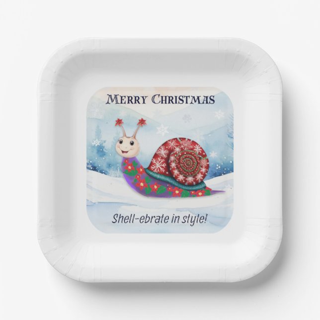 Festive Snail Snow Pun Humor Funny Cute Christmas Paper Plates (Front)