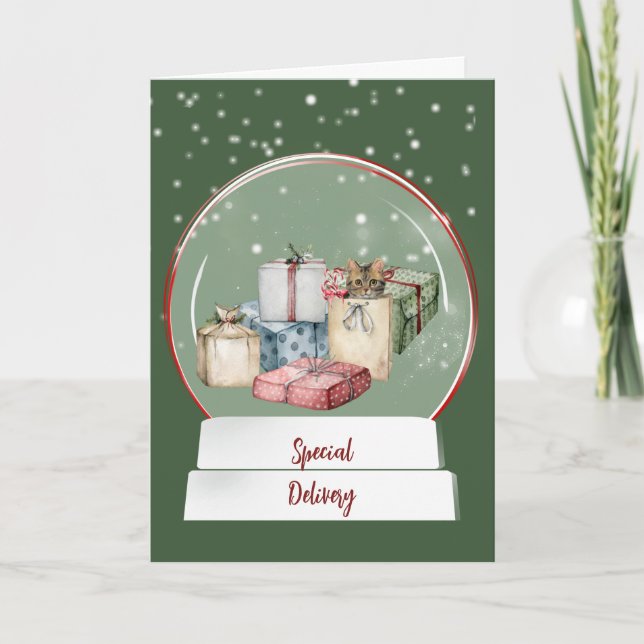 Festive Snow Globe with Cat and Presents Card (Front)