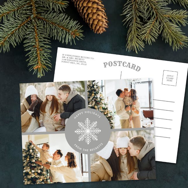 Festive Snowflake Christmas 4 Photo Holiday Postcard (Creator Uploaded)