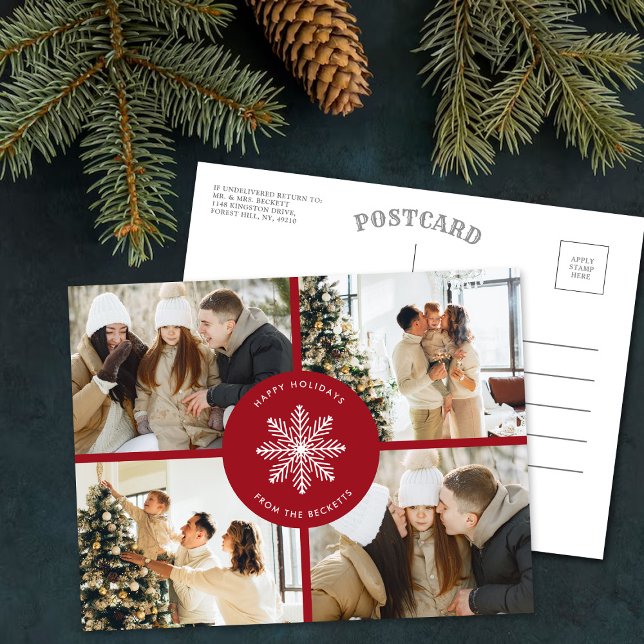Festive Snowflake Christmas 4 Photo Holiday Postcard (Creator Uploaded)