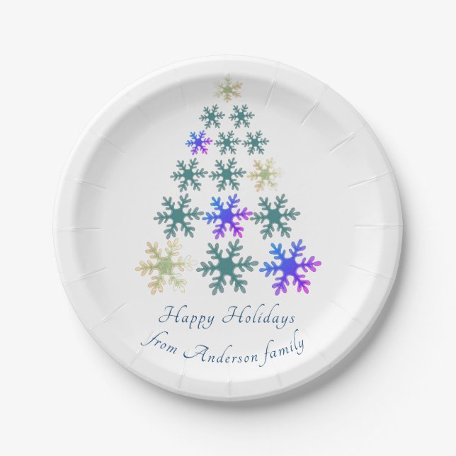 Festive Snowflake Christmas Tree Family Holiday Paper Plates (Front)