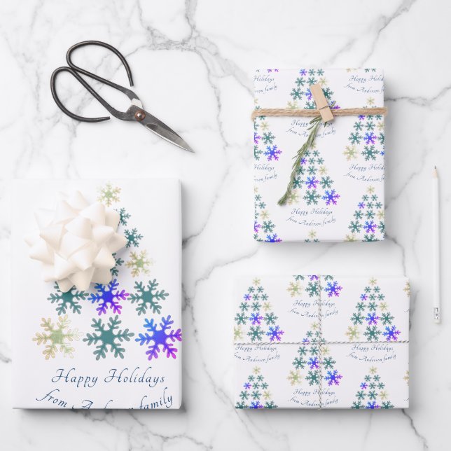 Festive Snowflake Christmas Tree Family Holiday Wrapping Paper Sheets (Front)
