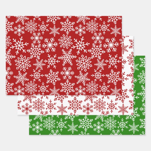 Festive Snowflake Red Green Christmas Wrapping Paper Sheets (Set)