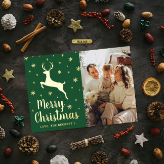 Festive Snowflake & Reindeer Christmas Photo Real Foil Holiday Card