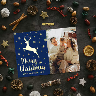 Festive Snowflake & Reindeer Christmas Photo Real Foil Holiday Card