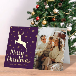Festive Snowflake & Reindeer Christmas Photo Real Foil Holiday Card