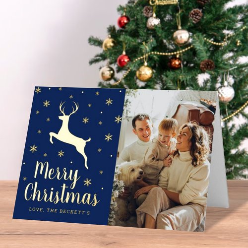 Festive Snowflake  Reindeer Christmas Photo Real Foil Holiday Card