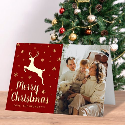 Festive Snowflake  Reindeer Christmas Photo Real Foil Holiday Card