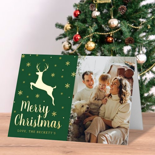 Festive Snowflake  Reindeer Christmas Photo Real Foil Holiday Card