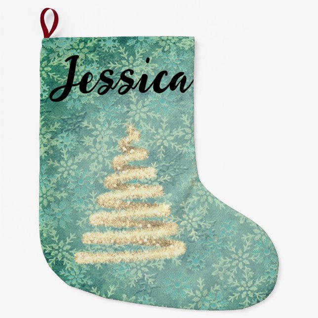  Festive Snowflakes Christmas Tree  Personalized  Large Christmas Stocking (Front)