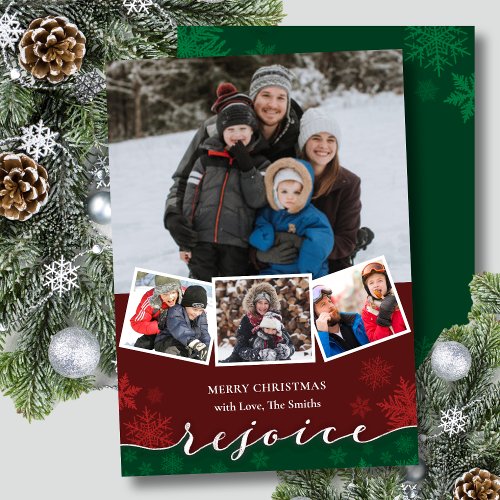 Festive Snowflakes Modern Script REJOICE Christmas Holiday Card